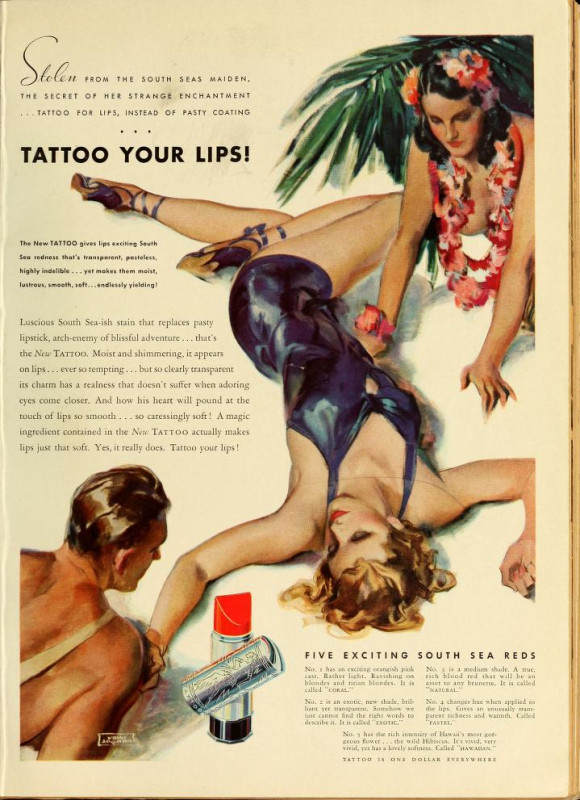 1937 Tattoo lipstick advertisement continuing the brand's pattern of racist and culturally appropriative imagery