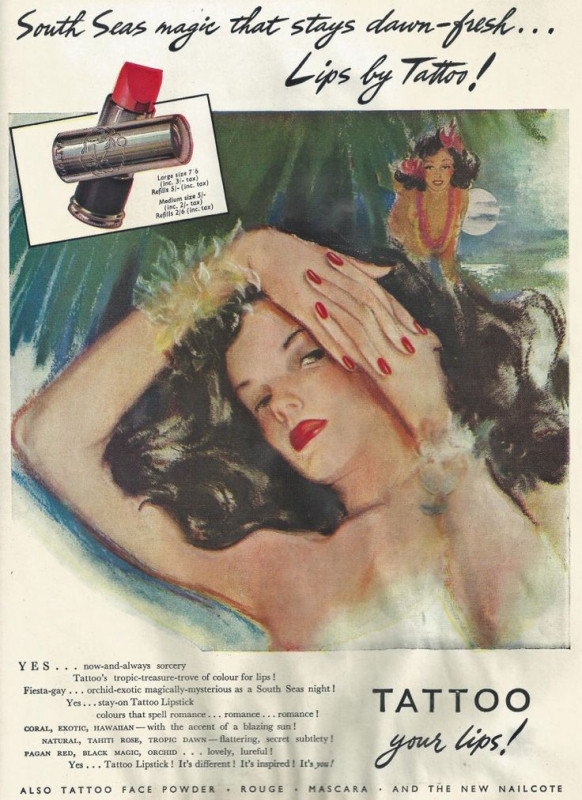 1947 Tattoo lipstick advertisement featuring the alternate design, indicating its presence late in the brand's history