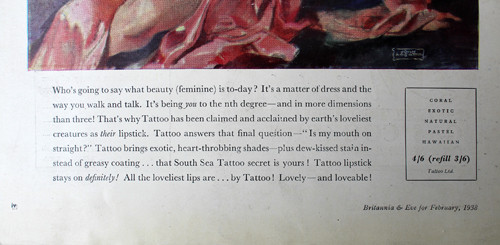 A second 1938 Tattoo lipstick advertisement by John LaGatta, continuing the brand's exotic theme and his recognizable artistic approach