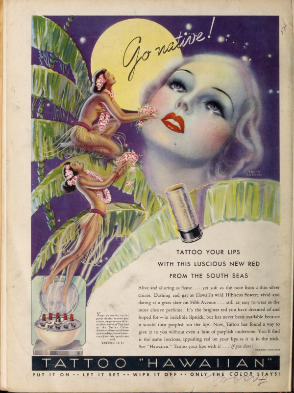 1935 Tattoo lipstick advertisement featuring topless, dark-skinned women serving as props in a racist depiction