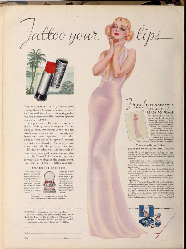 1936 Tattoo advertisement depicting a white blonde woman as the ideal &quot;Tattoo girl,&quot; contrasting with the brand's exoticized imagery