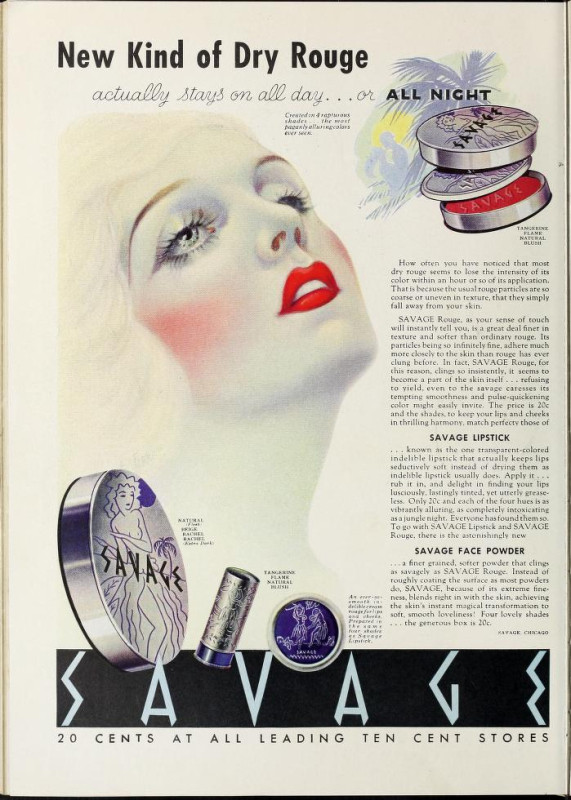 1935 Savage Dry Rouge advertisement employing similar suggestive and potentially racist marketing techniques