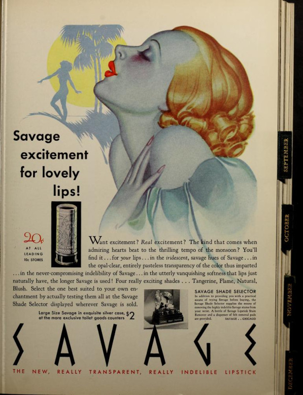 1934 Savage lipstick advertisement utilizing similar marketing strategies with racist undertones