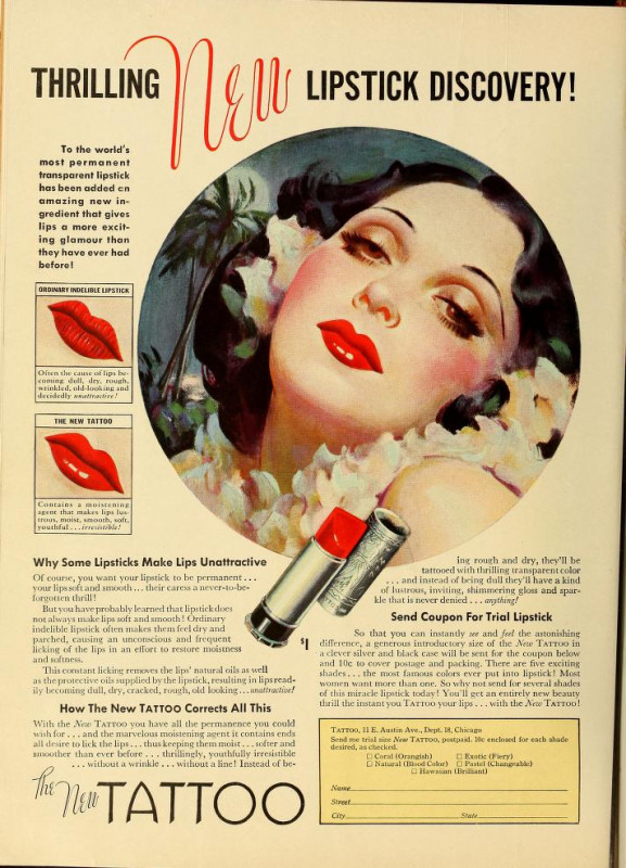 1936-37 Tattoo lipstick advertisement using suggestive language and themes to market its product