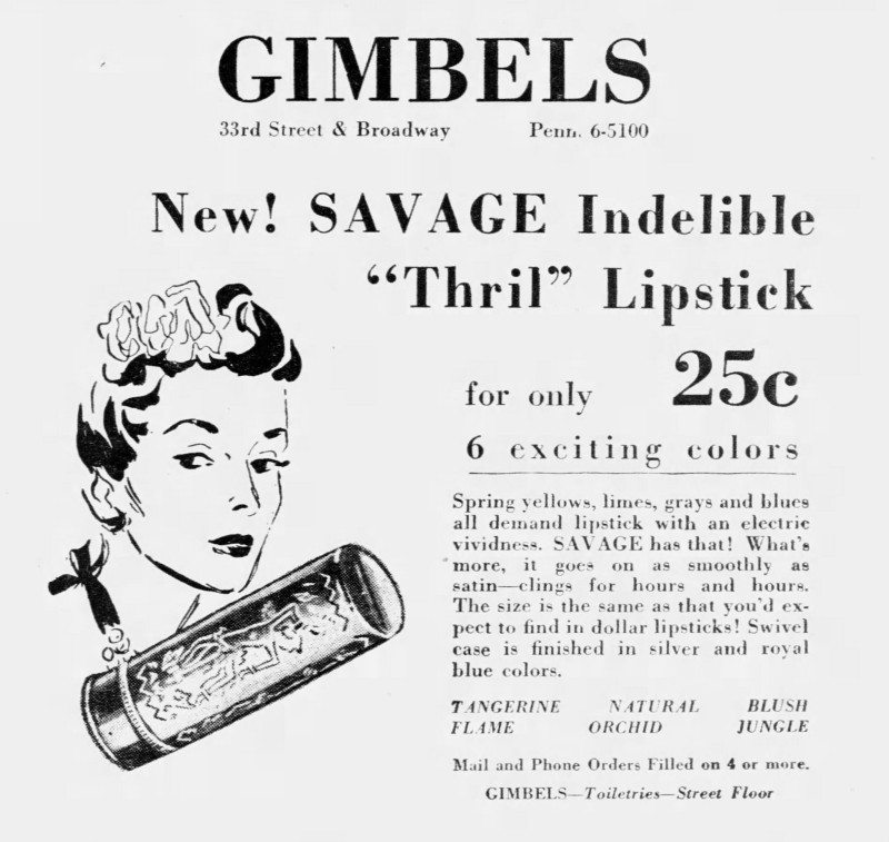 1939 Savage lipstick newspaper advertisement from Gimbel's department store, indicating its retail placement