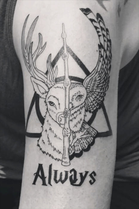 Combination Harry Potter tattoo featuring Hedwig, a Patronus, and the Deathly Hallows, merging key elements of the series