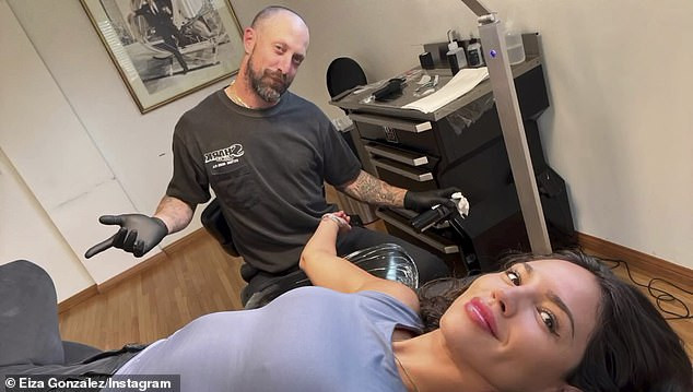 Eiza Gonzalez getting a new tattoo at Winterstone Tattoo in Los Angeles, showcasing her dedication to art even during Hurricane Hilary.