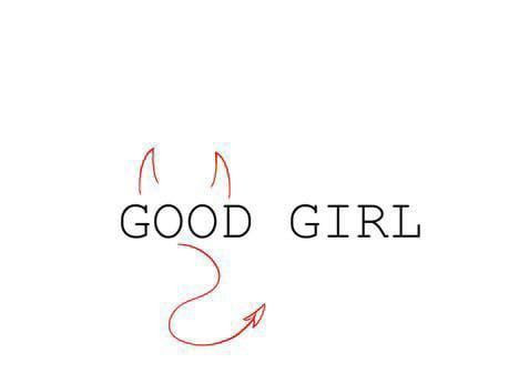 Text Good Girl with red devil horns and tail design, symbolizing a playful contrast between innocence and mischief.