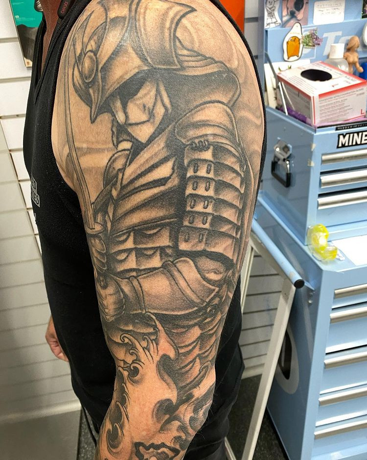 badass samurai tattoo in action pose