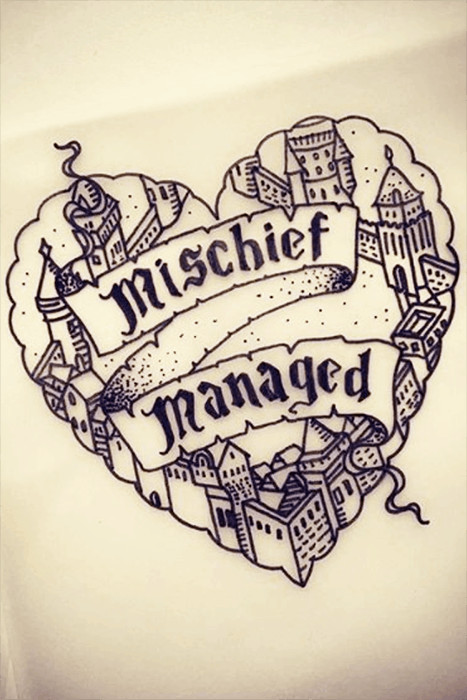 Cute heart-shaped Marauder's Map tattoo, a charming and whimsical Harry Potter fan tribute