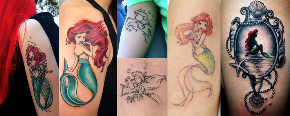 Tattoo inspired by Disney's Little Mermaid, featuring Ariel with her flowing red hair and tail, in a whimsical style.