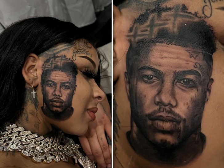 Detailed view of Chrisean Rock's Blueface face tattoo, showcasing the artistry and detail