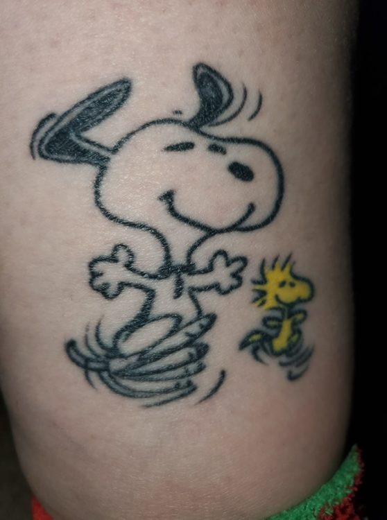 Snoopy and Woodstock semicolon tattoo