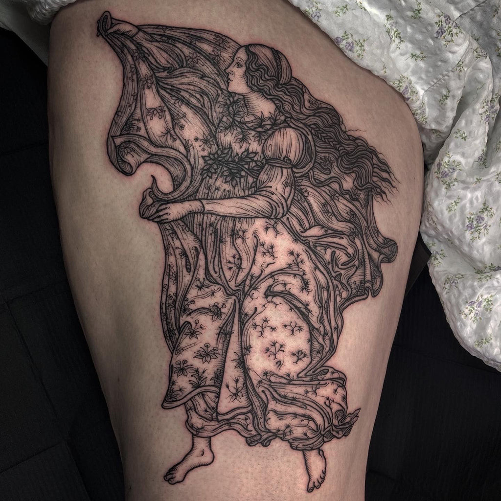 Example of a Lacey Law tattoo inspired by classical art, showcasing intricate detail and adaptation to body shape