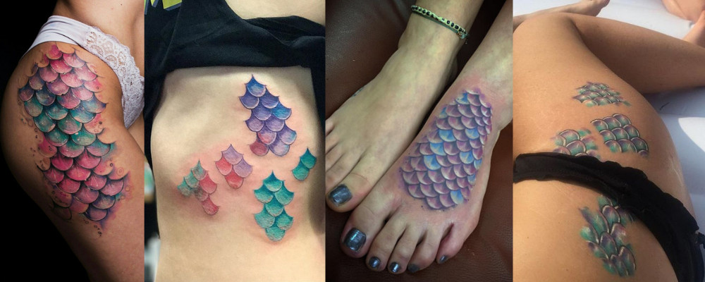 Close-up tattoo of mermaid scales in iridescent colors, creating a shimmering and magical skin effect.