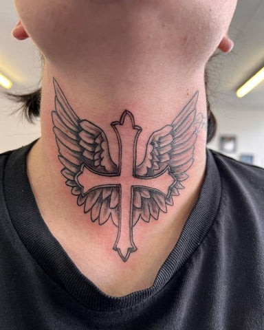 Cross neck tattoo for men with a simple, clean design