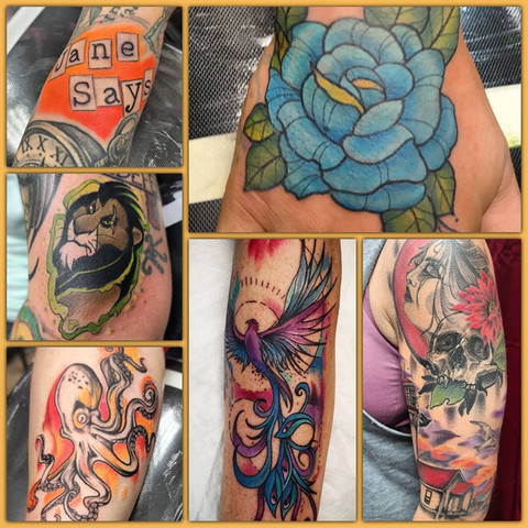 Collage of various tattoo styles showcasing the diverse artistry at Ink Therapy Tattoo