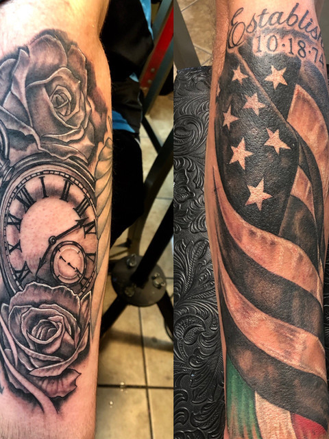 Detailed black and gray tattoo of a watch and American flag by Kevin Craig