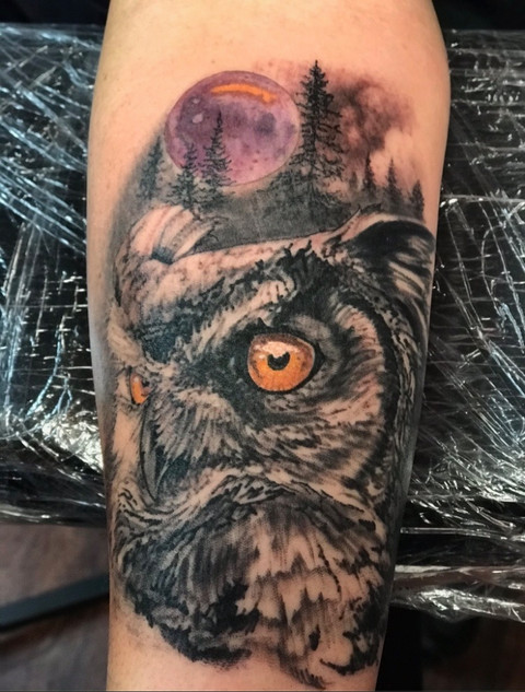 Detailed black and gray tattoo of an owl perched on a branch by Dave Nyegaard