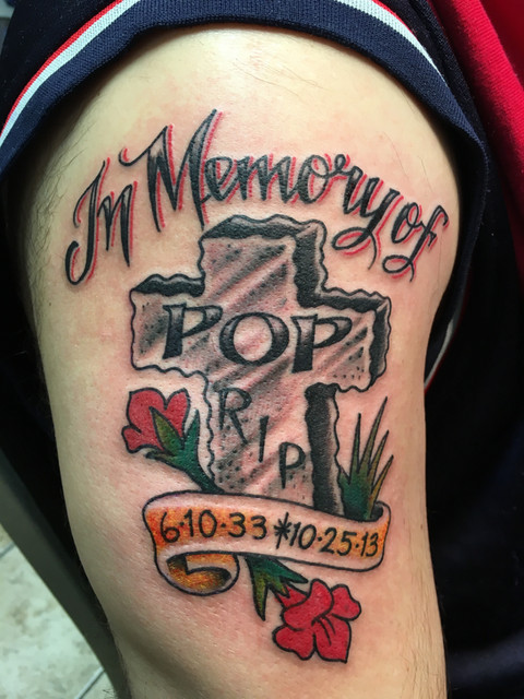 Memorial tattoo in black and gray with portrait and lettering by Kevin Craig