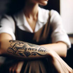 A loyalty over love tattoo on a woman’s forearm
