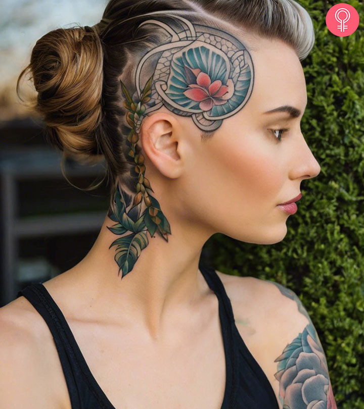 Scalp mandala tattoo for a woman, showcasing a symmetrical design with floral and geometric elements.