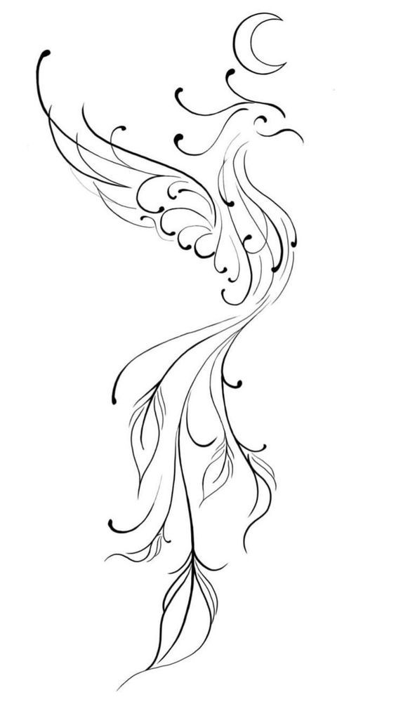 Abstract black and white line art of a graceful bird with swirls and curves, under a crescent moon. Simple and elegant design.