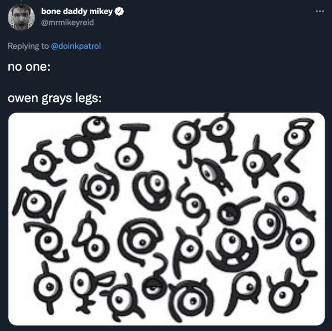 Tweet comparing Owen Gray's alphabet leg tattoo to Unown Pokemon, highlighting the tattoo's abstract and somewhat indecipherable nature.