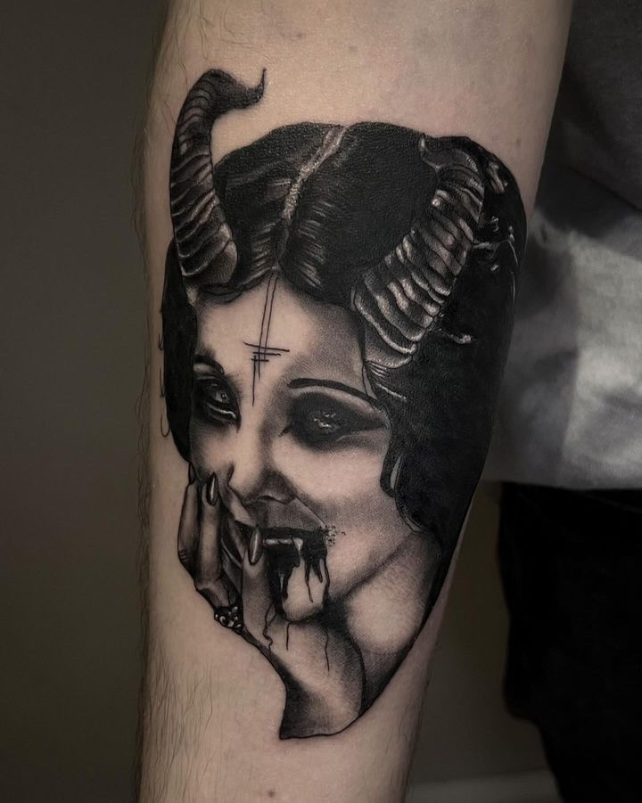 Vintage demonic Lilith tattoo design in blackwork by George Roberts, blending classic beauty with horror.