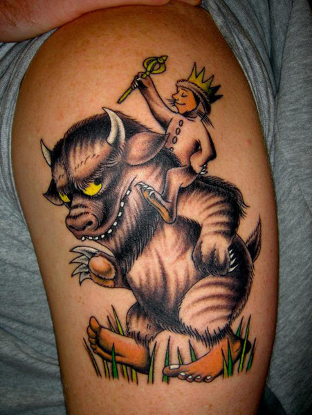 Flash art displayed at Da Vinci Tattoo Studio in Long Island, featuring a piece titled 'All The Wild Things' by artist Shaun. Tattoo shops often showcase flash art for inspiration.