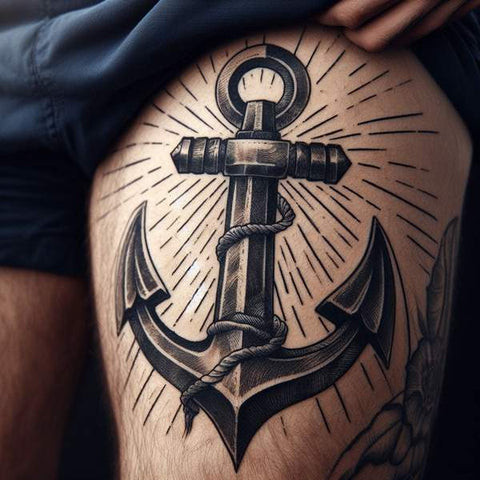 Traditional black ink anchor thigh tattoo for men.