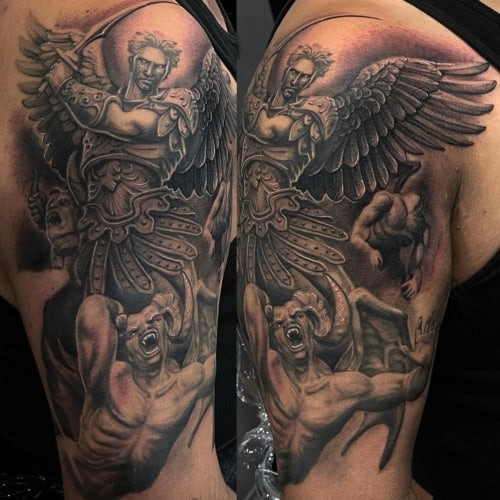 Two angel tattoos on men, one on the forearm with a realistic guardian angel and child and another on the chest with a black and grey angel statue design.