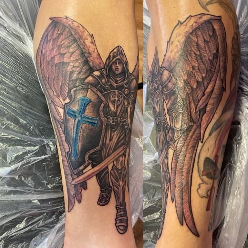 Strong angel warrior tattoo, representing strength, honor, commitment, and protection.