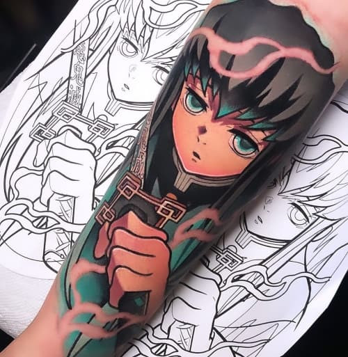 Two anime tattoos on men, one on the forearm with a colorful anime character and another on the arm with a minimalist anime symbol design.