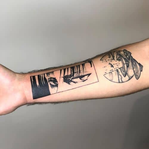 A minimalist anime style tattoo on a man's leg, subtle and fan-inspired