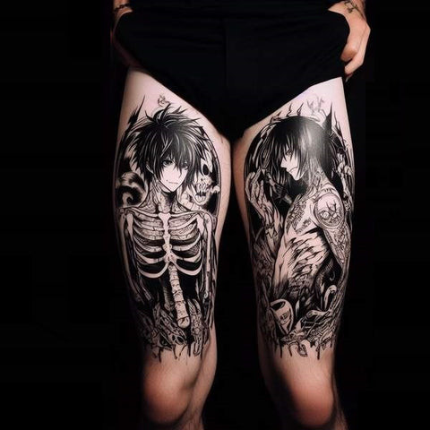 Colorful anime character thigh tattoo for men.