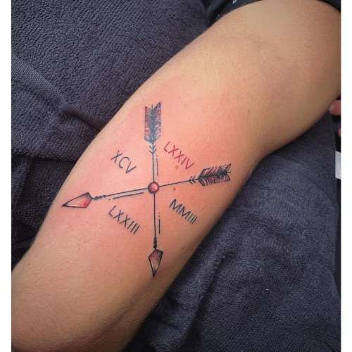 Single arrow tattoo on a man's forearm