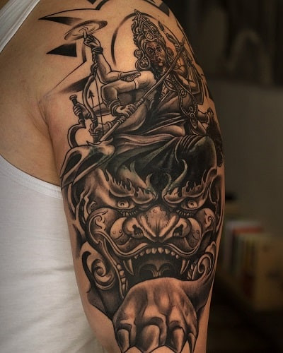 Protective Asian tiger tattoo with goddess Durga