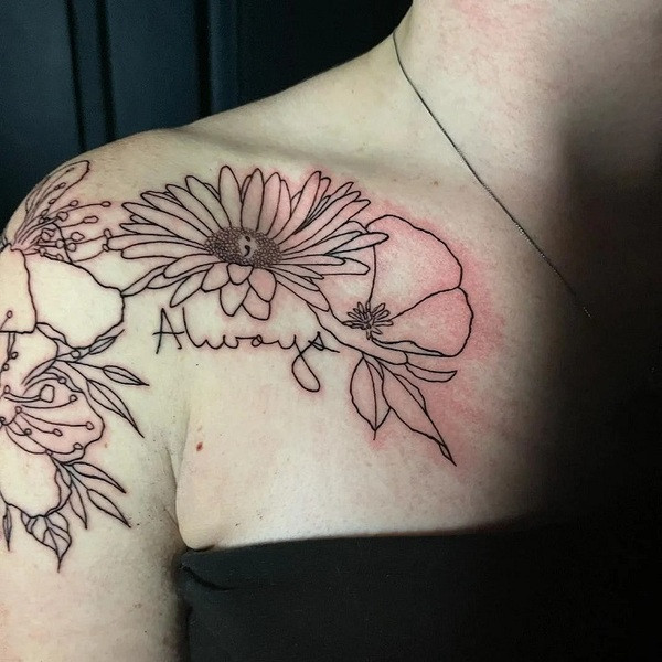 Constellation aster flower tattoo incorporating star patterns and lines, symbolizing destiny, on the back of the neck.