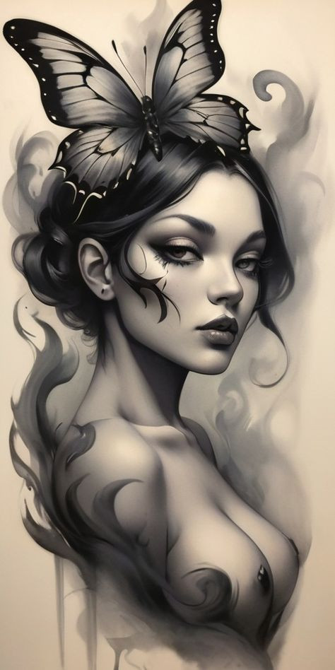 Fantasy art of a woman with butterfly wings in grayscale, featuring flowing hair and intricate patterns.