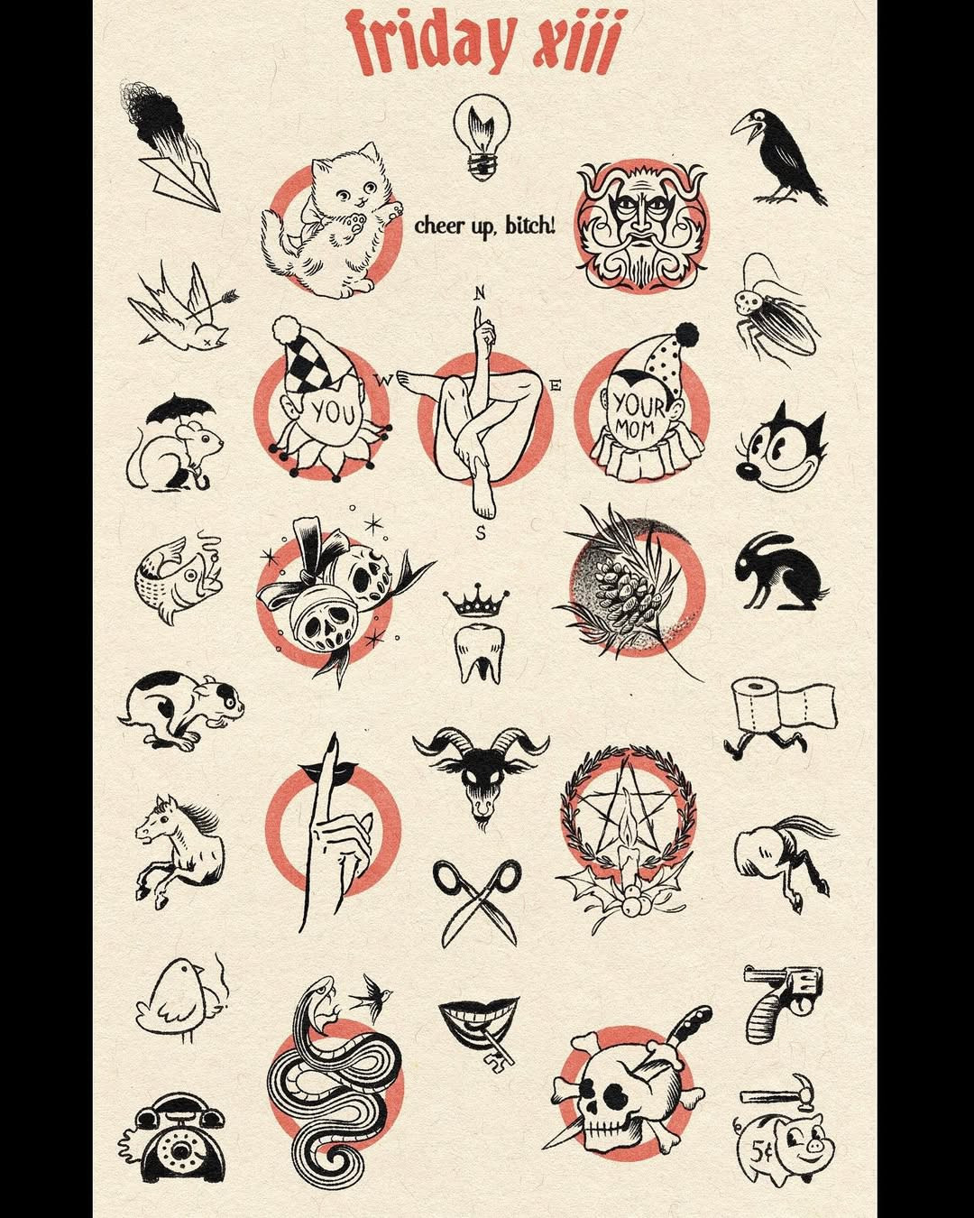 Spooky themed flash tattoo sheet from Purple Panther Tattoo in DTLA, featuring designs for Friday the 13th specials.