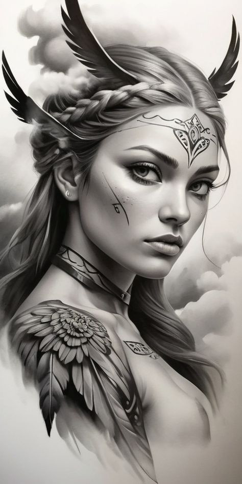 Mystical woman with feathered headdress and intricate tattoos, surrounded by clouds, in grayscale art.