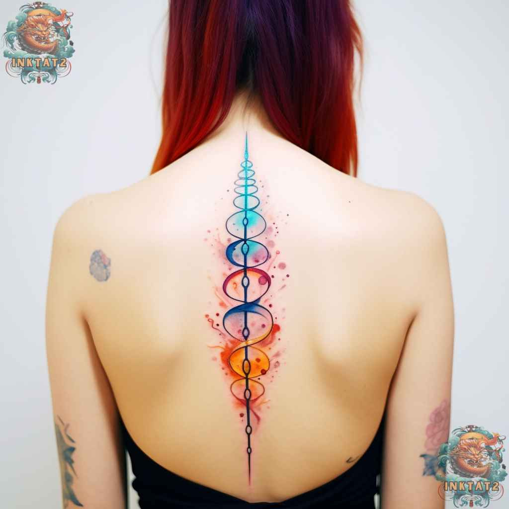 Bold geometric spine tattoo on a woman, reflecting the edgy and modern baddie aesthetic.