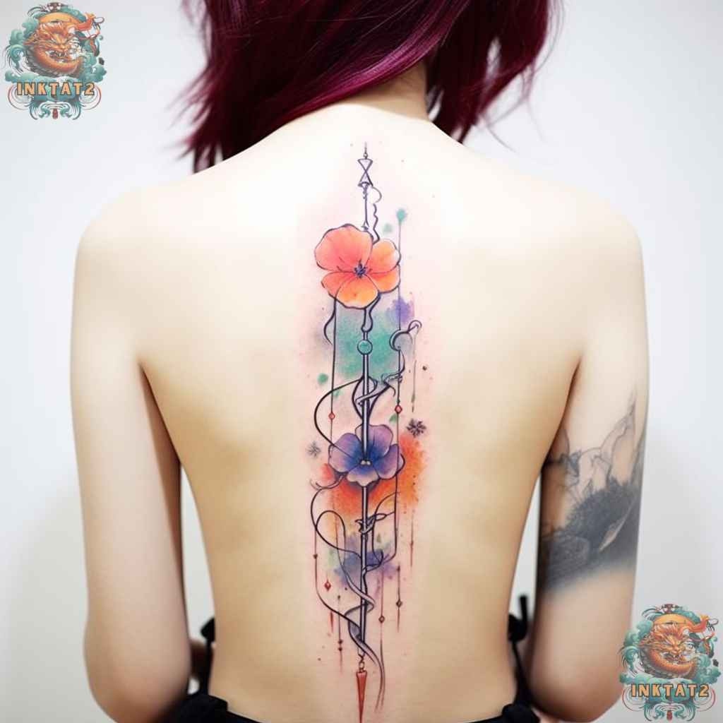 Vertical floral design spine tattoo, utilizing the spine's length for a graceful baddie tattoo.