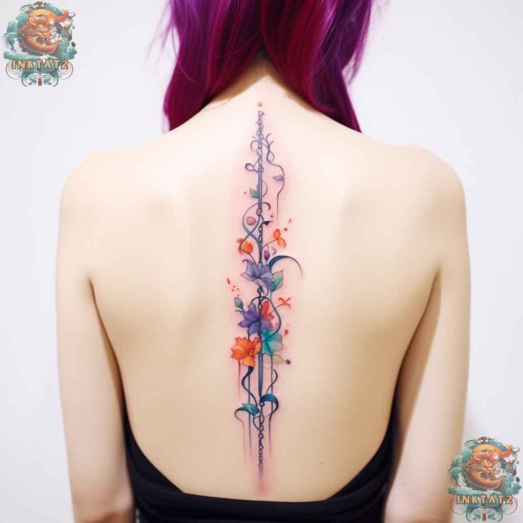 Delicate floral spine tattoo extending down a woman's back, enhancing feminine beauty and baddie style.