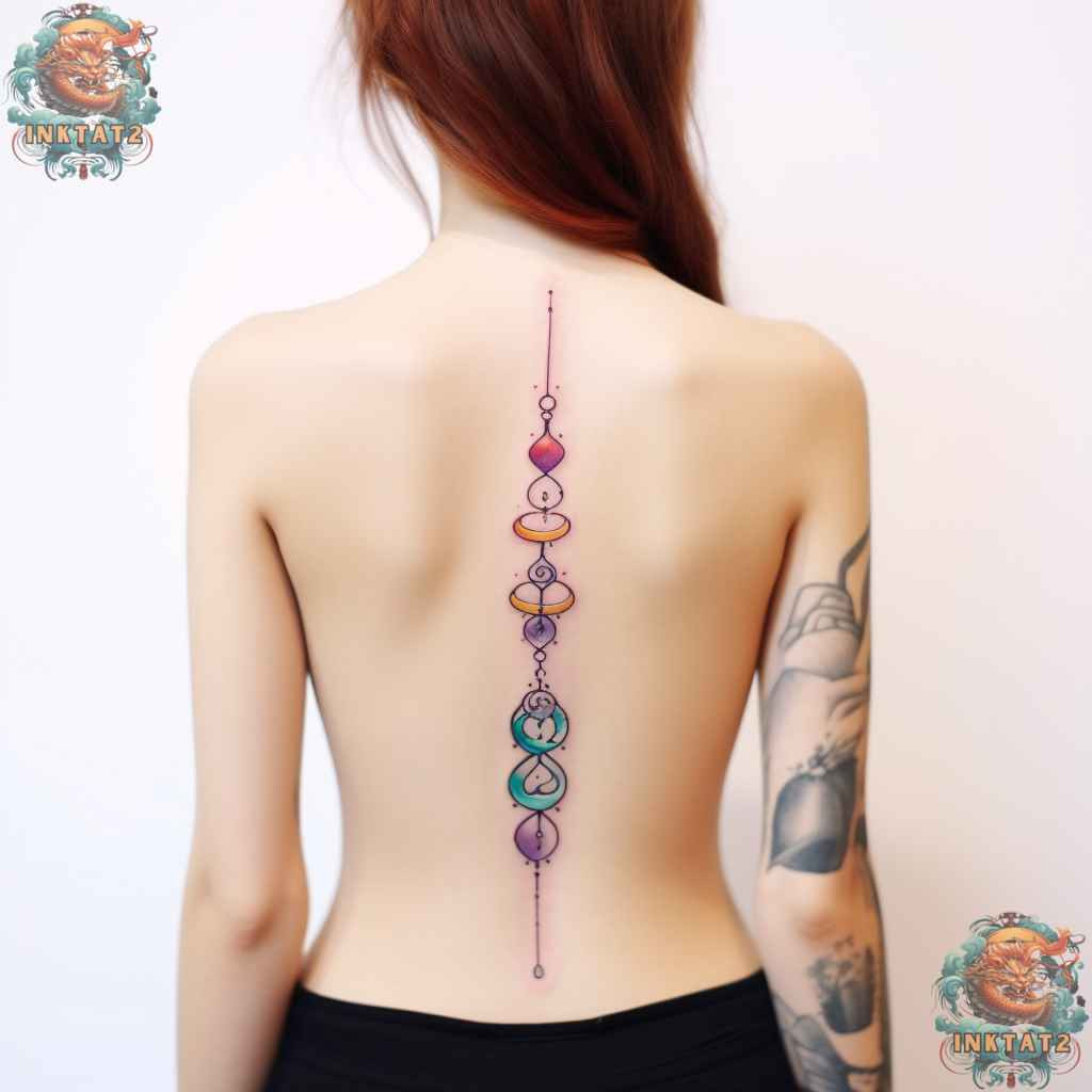 Intricate mandala spine tattoo for a baddie woman, symbolizing balance and inner strength.