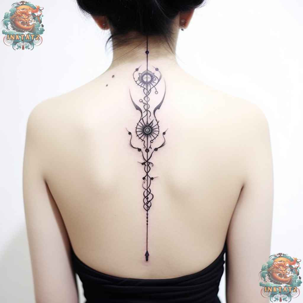 Elegant and elongated spine tattoo design for women, enhancing the natural lines of the back.