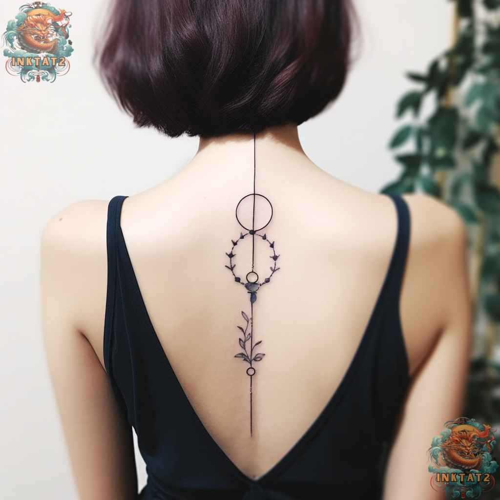 Detailed mandala and floral spine tattoo, combining intricate design with feminine elements in baddie style.