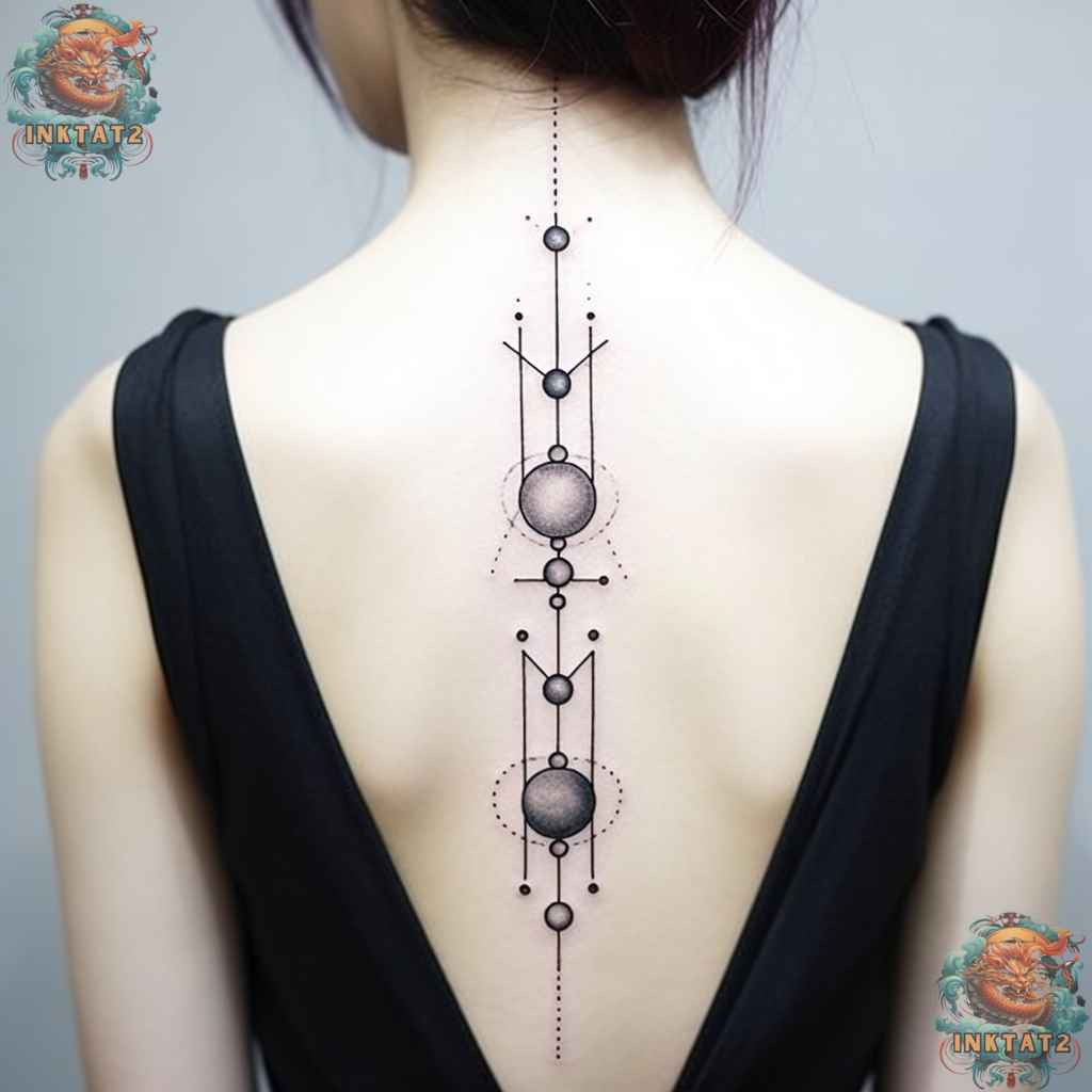 Elaborate and artistic spine tattoo for women, showcasing detailed linework and baddie flair.