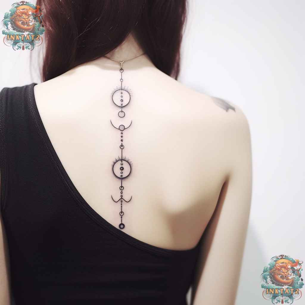 Abstract watercolor spine tattoo, a unique and artistic baddie design.